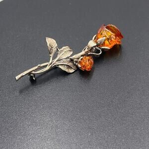 Baltic Cognac Amber Double Rose Brooch 925 Sterling Silver Hand Carved Signed‎